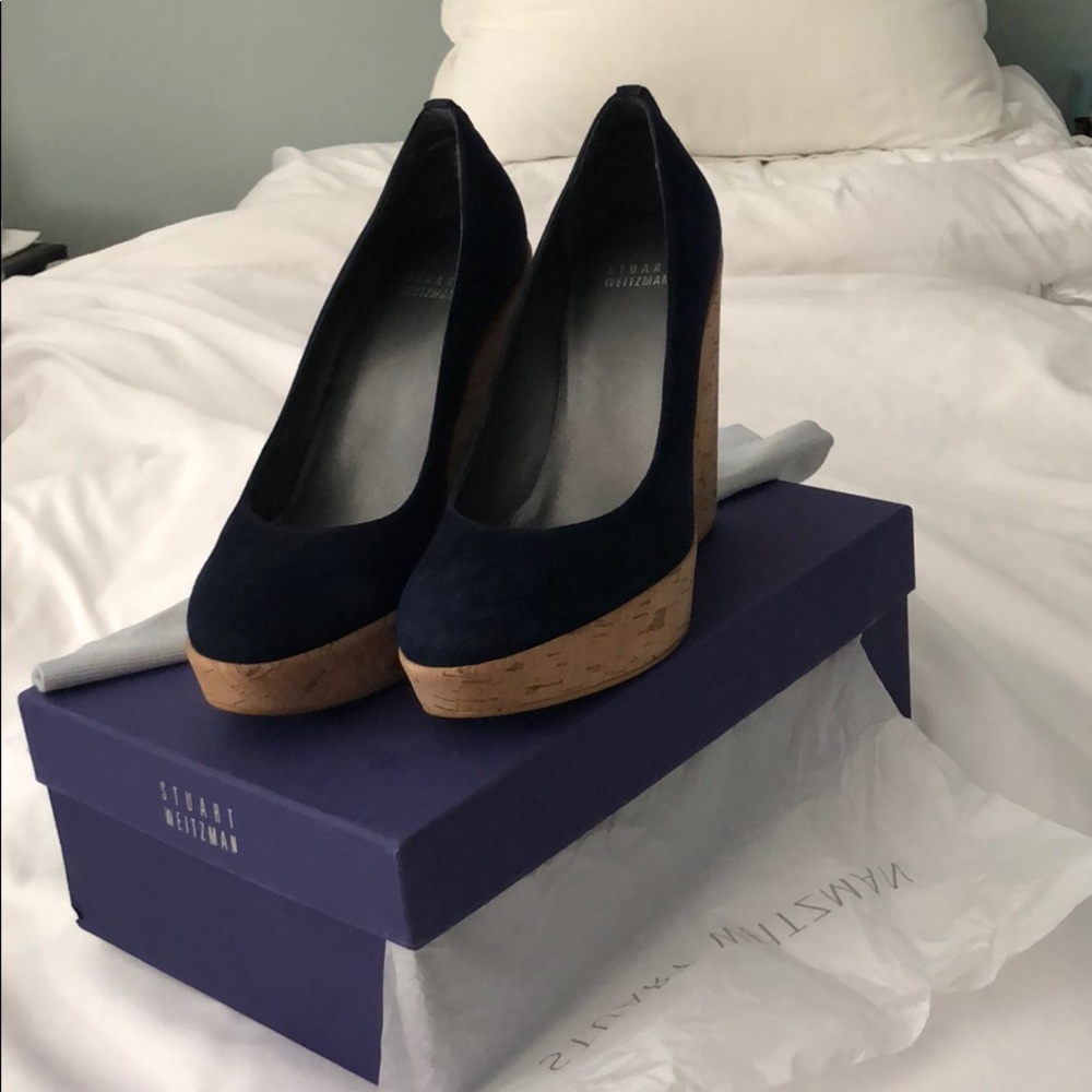 Stuart Weizman “Corkswoon” suede navy wedges 7.5